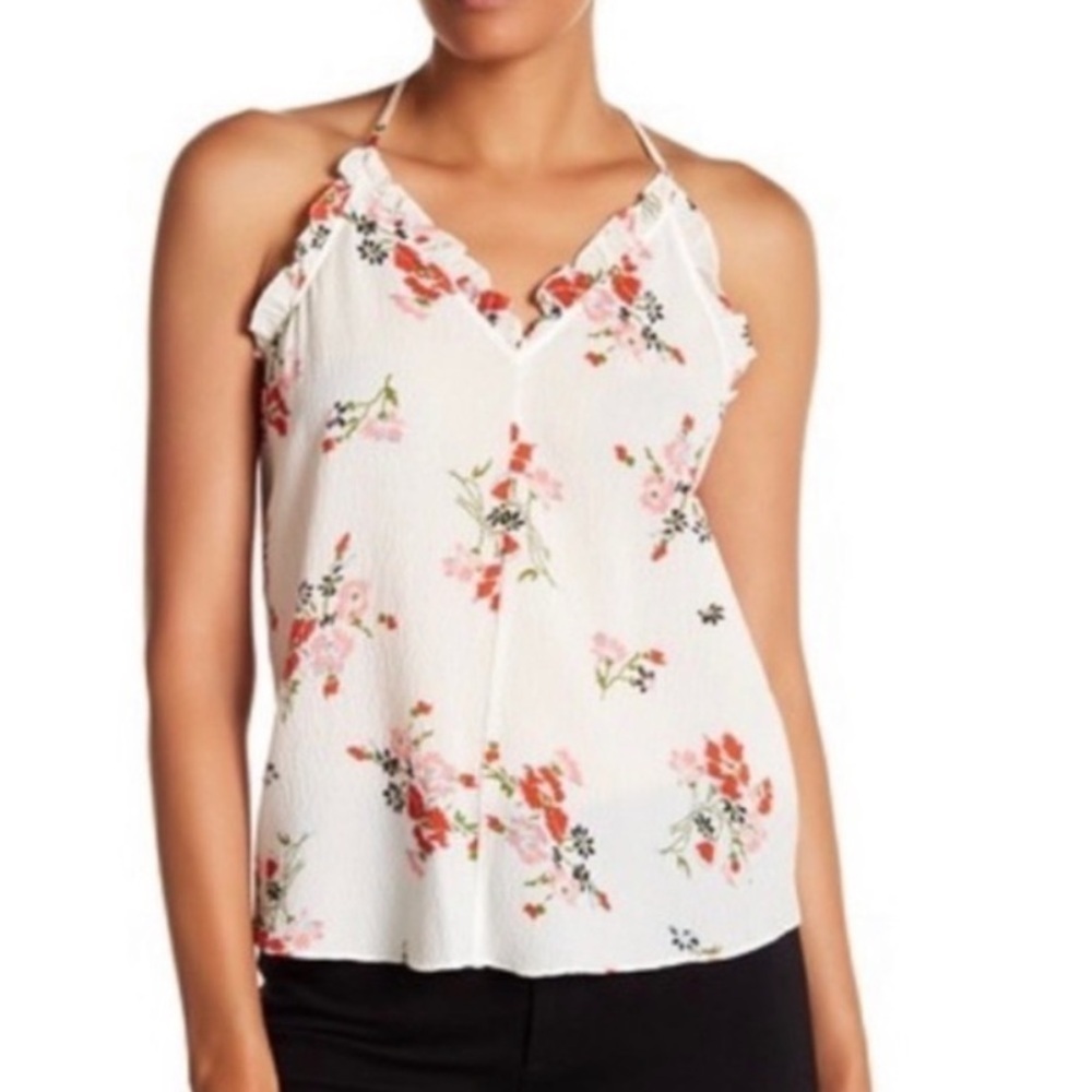 REBECCA TAYLOR Marguerite Silk Floral Ruffled Racerback Crinkle Gauzy Tank sz 10